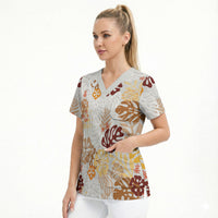 Brown Aloha Hawaiian Scrub Top Monstera Hibiscus Tropical Pattern