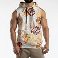 Brown Aloha Hawaiian Sleeveless Hoodie Monstera Hibiscus Tropical Pattern