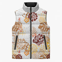 Brown Aloha Hawaiian Sleeveless Puffer Jacket Monstera Hibiscus Tropical Pattern