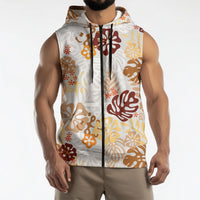 Brown Aloha Hawaiian Sleeveless Zip Hoodie Monstera Hibiscus Tropical Pattern