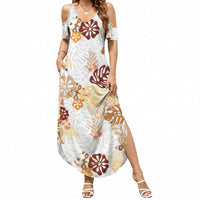 Brown Aloha Hawaiian Summer Maxi Dress Monstera Hibiscus Tropical Pattern