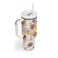 Brown Aloha Hawaiian Tumbler With Handle Monstera Hibiscus Tropical Pattern