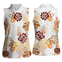 Brown Aloha Hawaiian Women Sleeveless Polo Shirt Monstera Hibiscus Tropical Pattern