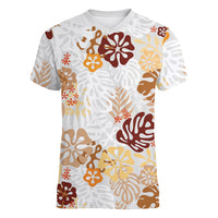 Brown Aloha Hawaiian Women V-Neck T-Shirt Monstera Hibiscus Tropical Pattern