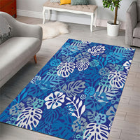 Blue Aloha Hawaiian Area Rug Monstera Hibiscus Tropical Pattern