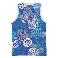 Blue Aloha Hawaiian Basketball Jersey Monstera Hibiscus Tropical Pattern
