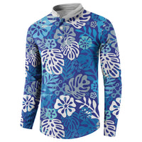 Blue Aloha Hawaiian Button Sweatshirt Monstera Hibiscus Tropical Pattern