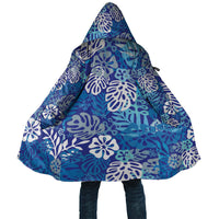 Blue Aloha Hawaiian Cloak Monstera Hibiscus Tropical Pattern