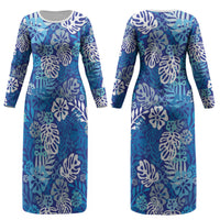 Blue Aloha Hawaiian Couples Matching Long Sleeve Bodycon Dress and Hawaiian Shirt Monstera Hibiscus Tropical Pattern