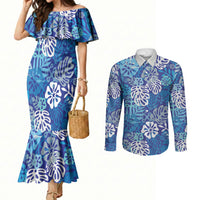 Blue Aloha Hawaiian Couples Matching Mermaid Dress and Long Sleeve Button Shirt Monstera Hibiscus Tropical Pattern
