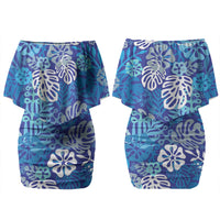 Blue Aloha Hawaiian Couples Matching Off Shoulder Short Dress and Hawaiian Shirt Monstera Hibiscus Tropical Pattern