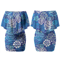 Blue Aloha Hawaiian Couples Matching Off Shoulder Short Dress and Long Sleeve Button Shirt Monstera Hibiscus Tropical Pattern