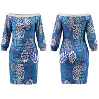 Blue Aloha Hawaiian Couples Matching Off The Shoulder Long Sleeve Dress and Long Sleeve Button Shirt Monstera Hibiscus Tropical Pattern