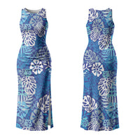 Blue Aloha Hawaiian Couples Matching Tank Maxi Dress and Long Sleeve Button Shirt Monstera Hibiscus Tropical Pattern