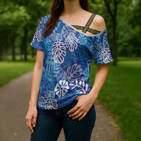 Blue Aloha Hawaiian Cross Shoulder Shirt Monstera Hibiscus Tropical Pattern