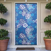 Blue Aloha Hawaiian Door Cover Monstera Hibiscus Tropical Pattern