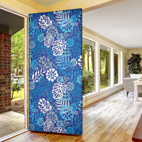 Blue Aloha Hawaiian Door Cover Monstera Hibiscus Tropical Pattern