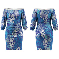 Blue Aloha Hawaiian Family Matching Off The Shoulder Long Sleeve Dress and Hawaiian Shirt Monstera Hibiscus Tropical Pattern