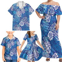 Blue Aloha Hawaiian Family Matching Off Shoulder Maxi Dress and Hawaiian Shirt Monstera Hibiscus Tropical Pattern
