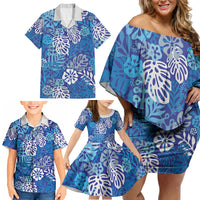 Blue Aloha Hawaiian Family Matching Off Shoulder Short Dress and Hawaiian Shirt Monstera Hibiscus Tropical Pattern