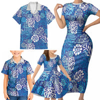 Blue Aloha Hawaiian Family Matching Short Sleeve Bodycon Dress and Hawaiian Shirt Monstera Hibiscus Tropical Pattern