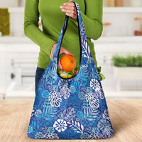 Blue Aloha Hawaiian Grocery Bag Monstera Hibiscus Tropical Pattern