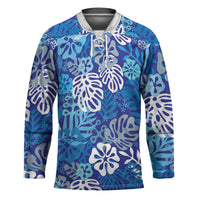 Blue Aloha Hawaiian Hockey Jersey Monstera Hibiscus Tropical Pattern