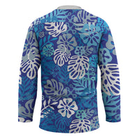 Blue Aloha Hawaiian Hockey Jersey Monstera Hibiscus Tropical Pattern