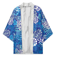 Blue Aloha Hawaiian Kimono Monstera Hibiscus Tropical Pattern