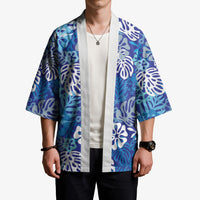 Blue Aloha Hawaiian Kimono Monstera Hibiscus Tropical Pattern