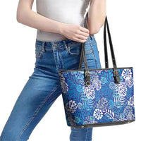 Blue Aloha Hawaiian Leather Tote Bag Monstera Hibiscus Tropical Pattern