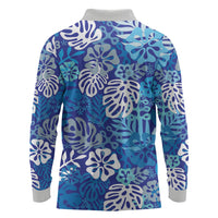 Blue Aloha Hawaiian Long Sleeve Polo Shirt Monstera Hibiscus Tropical Pattern
