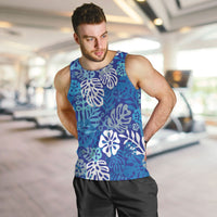 Blue Aloha Hawaiian Men Tank Top Monstera Hibiscus Tropical Pattern