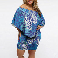 Blue Aloha Hawaiian Off Shoulder Short Dress Monstera Hibiscus Tropical Pattern