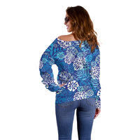 Blue Aloha Hawaiian Off Shoulder Sweater Monstera Hibiscus Tropical Pattern