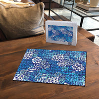 Blue Aloha Hawaiian Puzzle Monstera Hibiscus Tropical Pattern