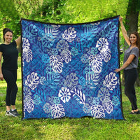 Blue Aloha Hawaiian Quilt Monstera Hibiscus Tropical Pattern