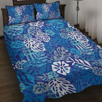 Blue Aloha Hawaiian Quilt Bed Set Monstera Hibiscus Tropical Pattern