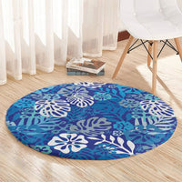 Blue Aloha Hawaiian Round Carpet Monstera Hibiscus Tropical Pattern