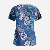 Blue Aloha Hawaiian Scrub Top Monstera Hibiscus Tropical Pattern