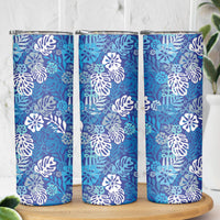 Blue Aloha Hawaiian Skinny Tumbler Monstera Hibiscus Tropical Pattern