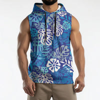 Blue Aloha Hawaiian Sleeveless Hoodie Monstera Hibiscus Tropical Pattern
