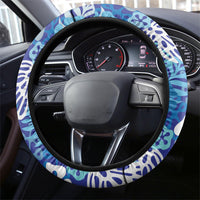 Blue Aloha Hawaiian Steering Wheel Cover Monstera Hibiscus Tropical Pattern