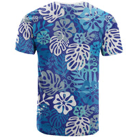 Blue Aloha Hawaiian T Shirt Monstera Hibiscus Tropical Pattern