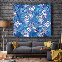Blue Aloha Hawaiian Tapestry Monstera Hibiscus Tropical Pattern
