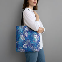 Blue Aloha Hawaiian Tote Bag Monstera Hibiscus Tropical Pattern
