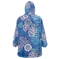 Blue Aloha Hawaiian Wearable Blanket Hoodie Monstera Hibiscus Tropical Pattern