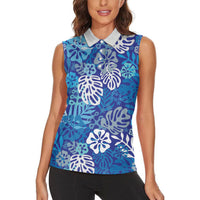 Blue Aloha Hawaiian Women Sleeveless Polo Shirt Monstera Hibiscus Tropical Pattern