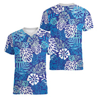 Blue Aloha Hawaiian Women V-Neck T-Shirt Monstera Hibiscus Tropical Pattern