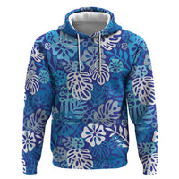 Blue Aloha Hawaiian Zip Hoodie Monstera Hibiscus Tropical Pattern